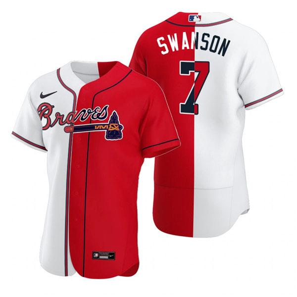 Mens Atlanta Braves #7 Dansby Swanson Nike White Red Split Two-Tone Jersey