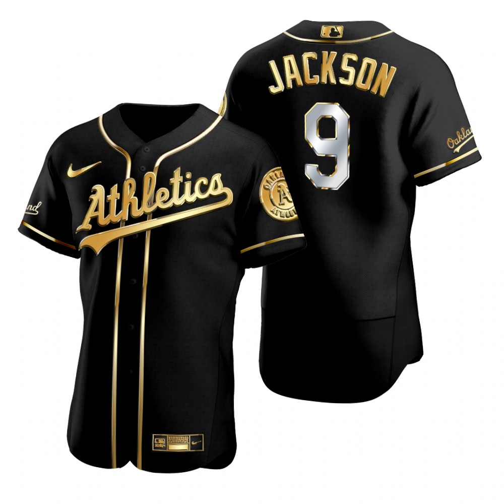 Mens Oakland Athletics Retired Player #9 Reggie Jackson Nike Black Golden Edition Stitched Jersey
