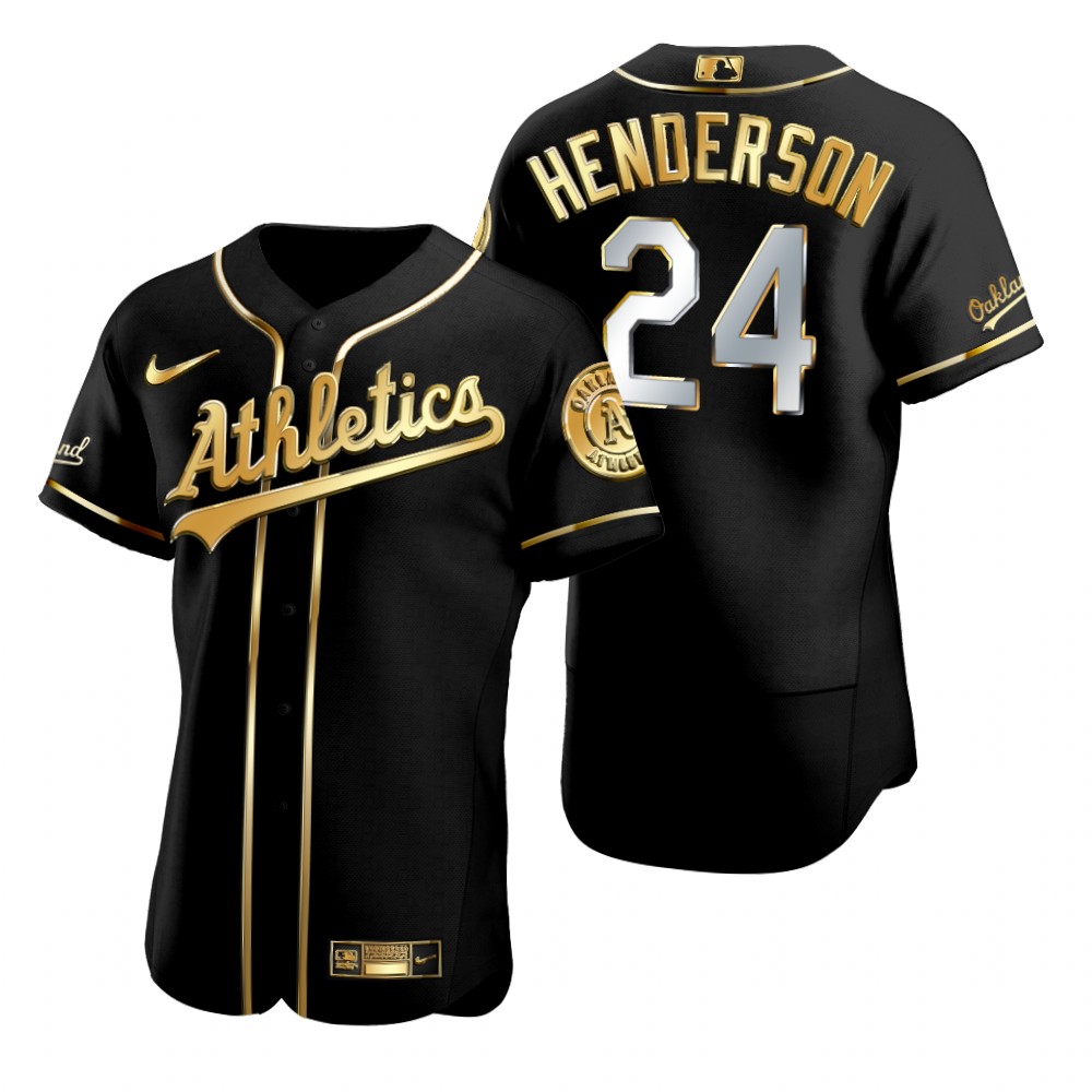 Mens Oakland Athletics Retired Player #24 Rickey Henderson Nike Black Golden Edition Stitched Jersey