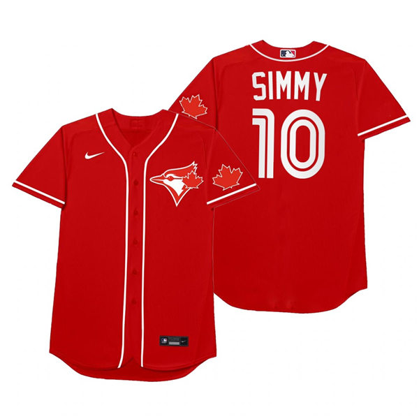 Mens Toronto Blue Jays #10 Marcus Semien Nike Red 2021 Players' Weekend Nickname Simmy Jersey