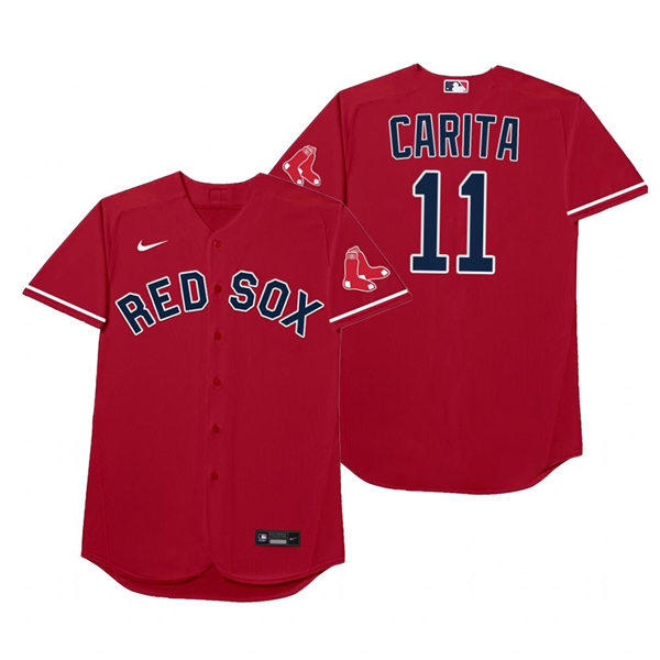 Mens Boston Red Sox #11 Boston Red Sox Rafael Devers Nike Red 2021 Players' Weekend Nickname Carita Jersey