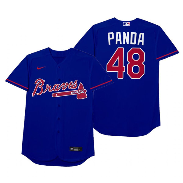 Mens Atlanta Braves #48 Pablo Sandoval Nike Royal 2021 Players' Weekend Nickname Panda Jersey