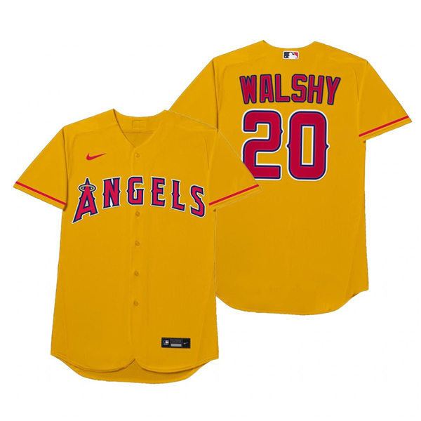 Mens Los Angeles Angels #20 Jared Walsh Nike Gold 2021 Players' Weekend Nickname Walshy Jersey