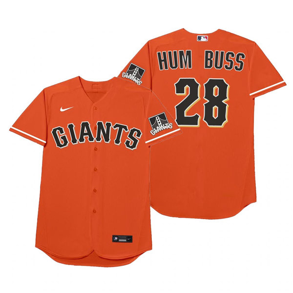 Mens San Francisco Giants #28 Buster Posey Nike Orange 2021 Players' Weekend Nickname Hum Buss Jersey