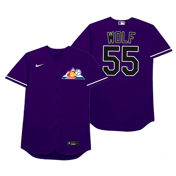Mens Colorado Rockies #55 Jon Gray Nike Purple 2021 Players' Weekend Nickname Wolf Jersey