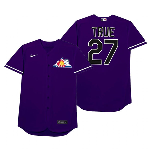 Mens Colorado Rockies #27 Trevor Story Nike Purple 2021 Players' Weekend Nickname TRUE Jersey