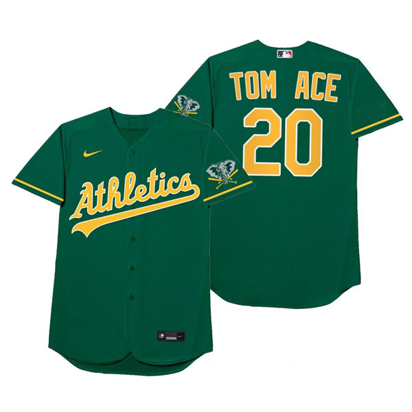 Mens Oakland Athletics #20 Mark Canha Nike Green 2021 Players' Weekend Nickname Tom Ace Jersey