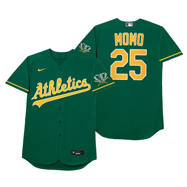 Mens Oakland Athletics #25 Stephen Piscotty Nike Green 2021 Players' Weekend Nickname Momo Jersey