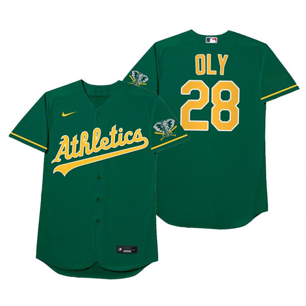 Mens Oakland Athletics #28 Matt Olson Nike Green 2021 Players' Weekend Nickname Oly Jersey