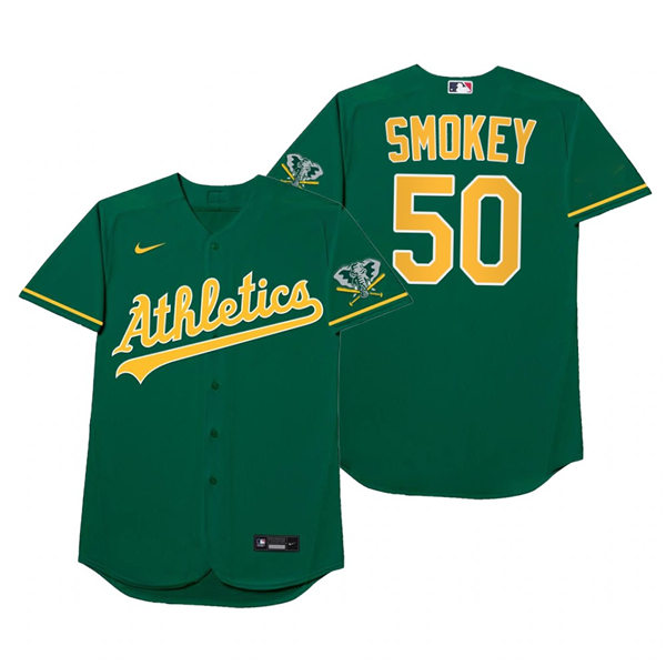 Mens Oakland Athletics #50 Mike Fiers Nike Green 2021 Players' Weekend Nickname Smokey Jersey