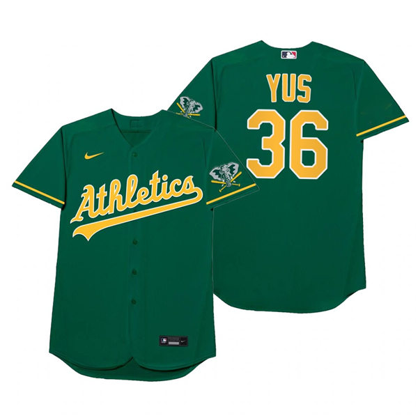 Mens Oakland Athletics #36 Yusmeiro Petit Nike Green 2021 Players' Weekend Nickname Yus Jersey