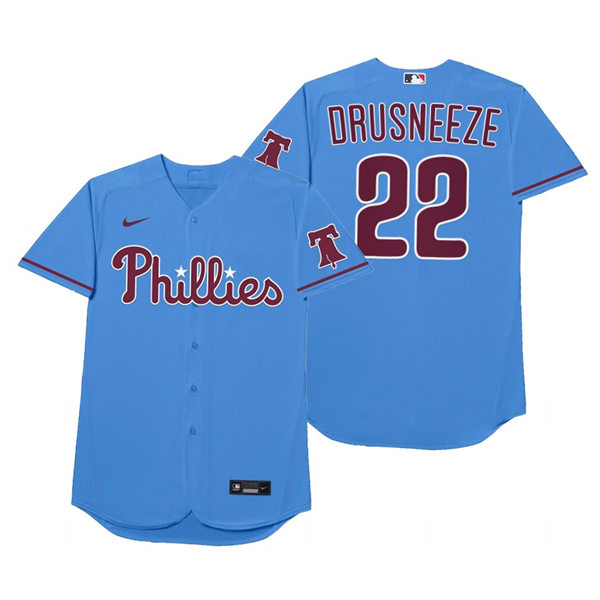 Mens Philadelphia Phillies #22 Andrew McCutchen Nike Powder Blue 2021 Players' Weekend Nickname Drusneeze Jersey