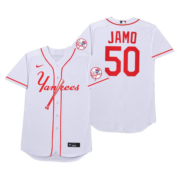 Mens New York Yankees #50 Jameson Taillon Nike White 2021 Players' Weekend Nickname Jamo Jersey