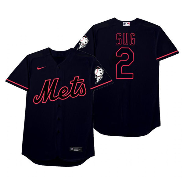 Mens New York Mets #2 Dominic Smith Nike Black 2021 Players' Weekend Nickname Sug Jersey