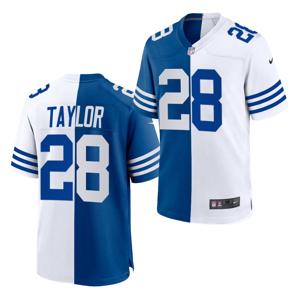 Mens Indianapolis Colts #28 Jonathan Taylor Nike Royal White Split Two Tone Jersey