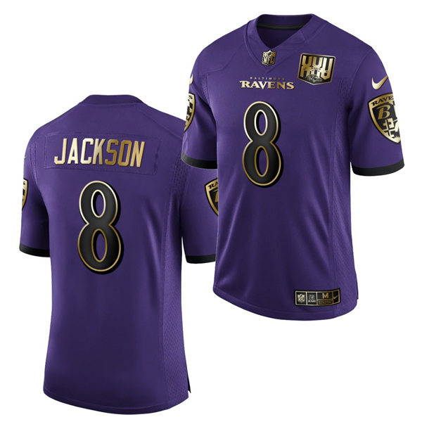 Mens Baltimore Ravens #8 Lamar Jackson Nike Purple 25th Anniversary Speed Machine Golden Limited Jersey