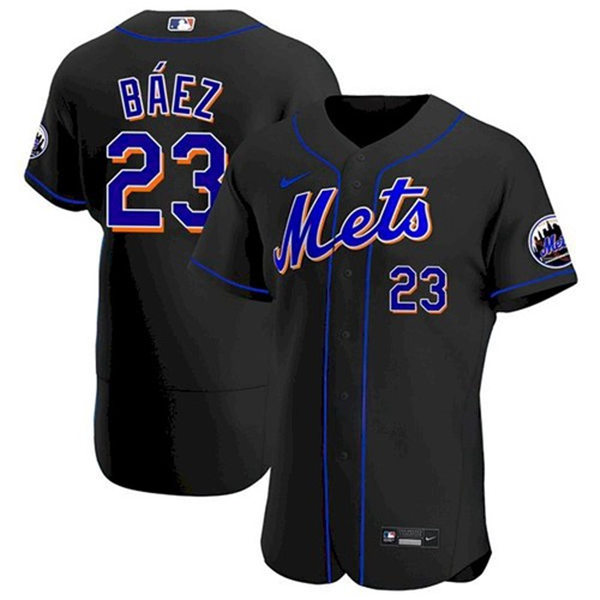 Mens New York Mets #23 Javier Baez Nike 2021 Black With Strip Retro Jersey