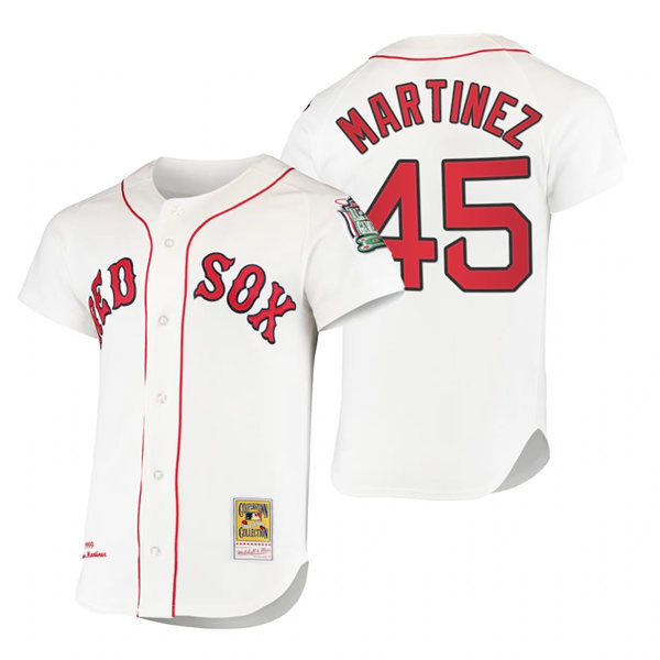Mens Boston Red Sox #45 Pedro Martinez White With Name Mitchell&Ness Cooperstown Collection Jersey