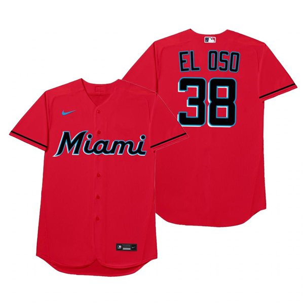 Mens Miami Marlins #38 Jorge Alfaro Nike Red 2021 Players' Weekend Nickname El Oso Jersey