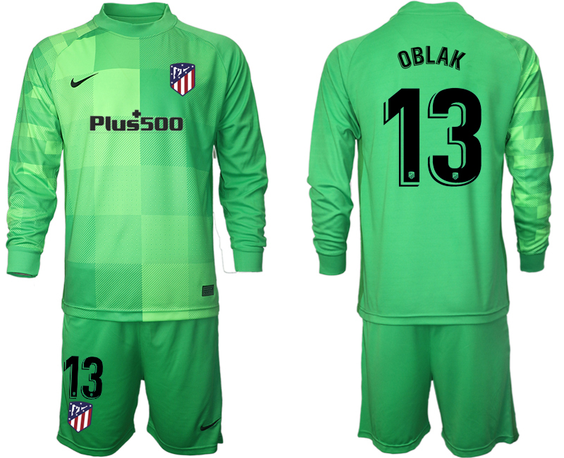 Men 2021-2022 Club Atletico Madrid green goalkeeper Long Sleeve 13 Soccer Jersey