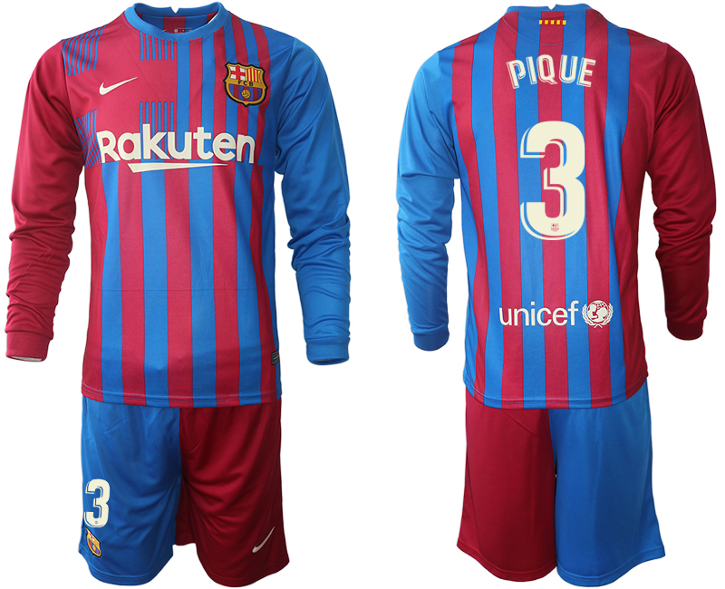 Men 2021-2022 Club Barcelona home red blue Long Sleeve 3 Nike Soccer Jersey