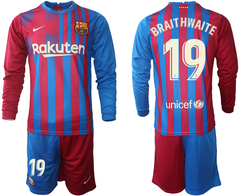 Men 2021-2022 Club Barcelona home red blue Long Sleeve 19 Nike Soccer Jersey
