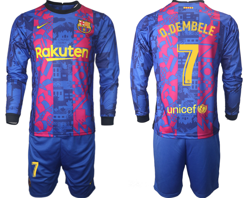 Men 2021-2022 Club Barcelona Second away blue Long Sleeve 7 Soccer Jersey