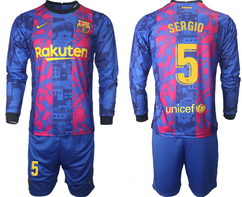Men 2021-2022 Club Barcelona Second away blue Long Sleeve 5 Soccer Jersey