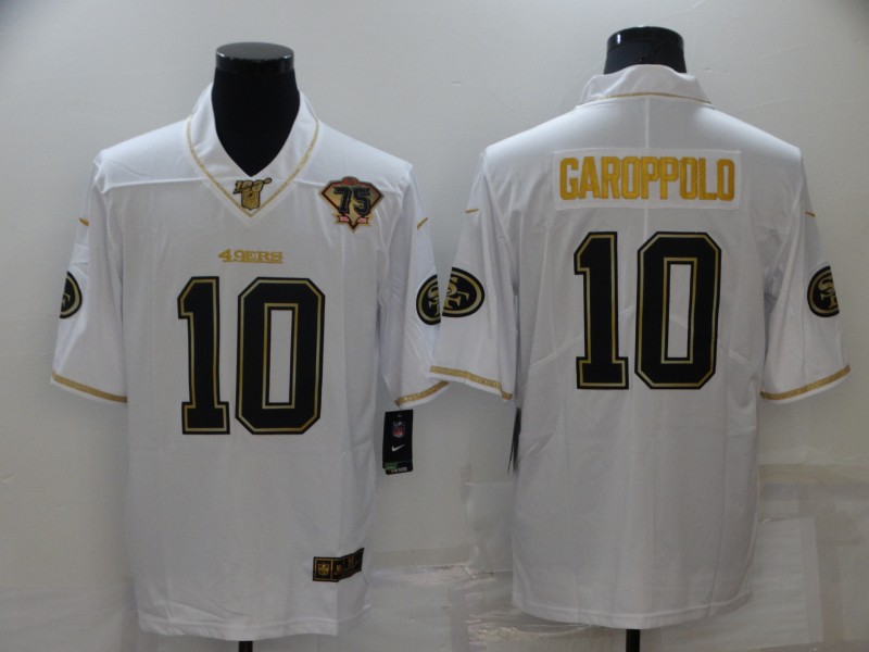 Men's San Francisco 49ers #10 Jimmy Garoppolo White 75th Patch Golden Edition Stitched NFL Nike Limited Jersey