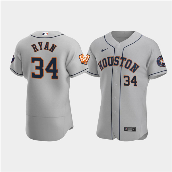Men's Houston Astros #34 Nolan Ryan Gray 60th Anniversary Flex Base Stitched Baseball Jersey