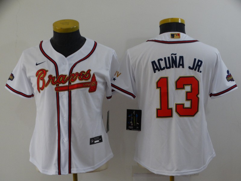 Women's Atlanta Braves #13 Ronald Acuna Jr 2022 White Gold World Series Champions Program Cool Base Stitched Baseball Jersey