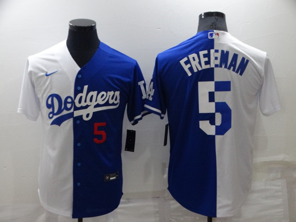 Mens Los Angeles Dodgers #5 Freddie Freeman White Blue Split Cool Base Stitched Baseball Jersey