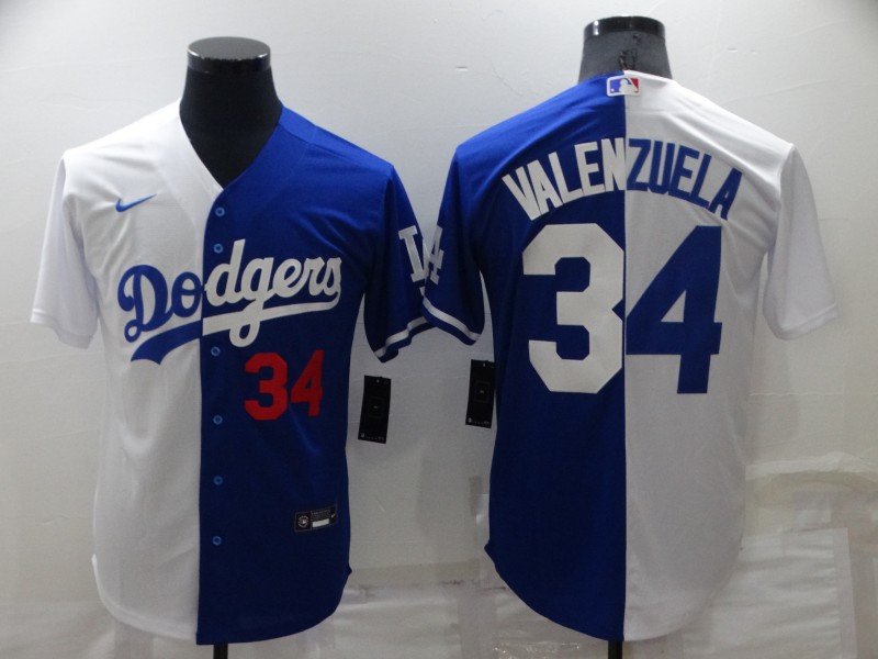 Mens Los Angeles Dodgers #34 Toro Valenzuela White Blue Split Cool Base Stitched Baseball Jersey