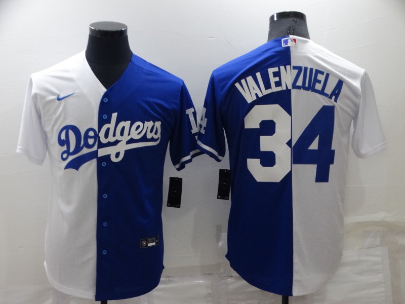 Men's Los Angeles Dodgers #34 Toro Valenzuela White Blue Split Cool Base Stitched Baseball Jersey