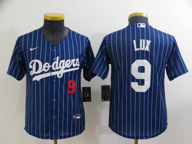 Youth Los Angeles Dodgers #9 Gavin Lux Navy Blue Pinstripe Stitched MLB Cool Base Nike Jersey