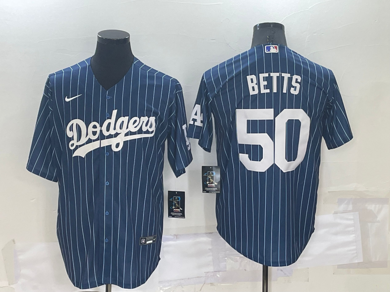 Men's Los Angeles Dodgers #50 Mookie Betts Navy Blue Pinstripe Stitched MLB Cool Base Nike Jersey