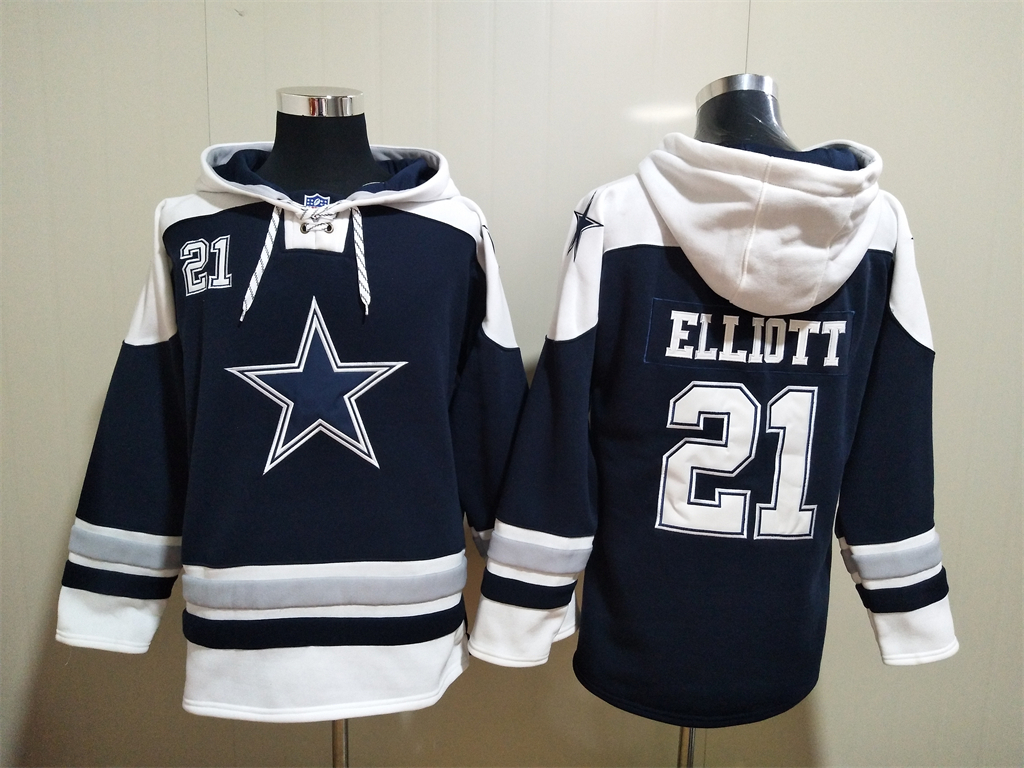 Men's Dallas Cowboys #21 Ezekiel Elliott Navy Blue Ageless Must Have Lace Up Pullover Hoodie