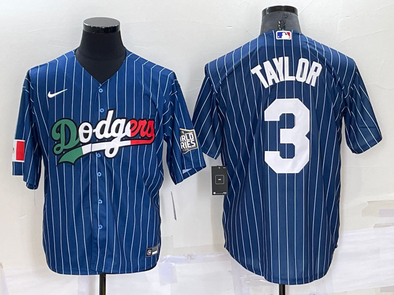 Men's Los Angeles Dodgers #3 Chris Taylor Navy Blue Pinstripe 2020 World Series Cool Base Nike Jersey