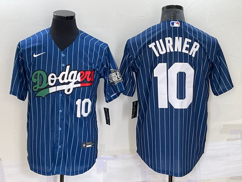 Mens Los Angeles Dodgers #10 Justin Turner Number Navy Blue Pinstripe 2020 World Series Cool Base Nike Jersey