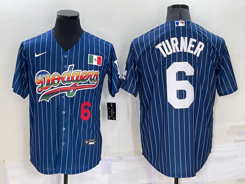 Men's Los Angeles Dodgers #6 Trea Turner Number Rainbow Blue Red Pinstripe Mexico Cool Base Nike Jersey