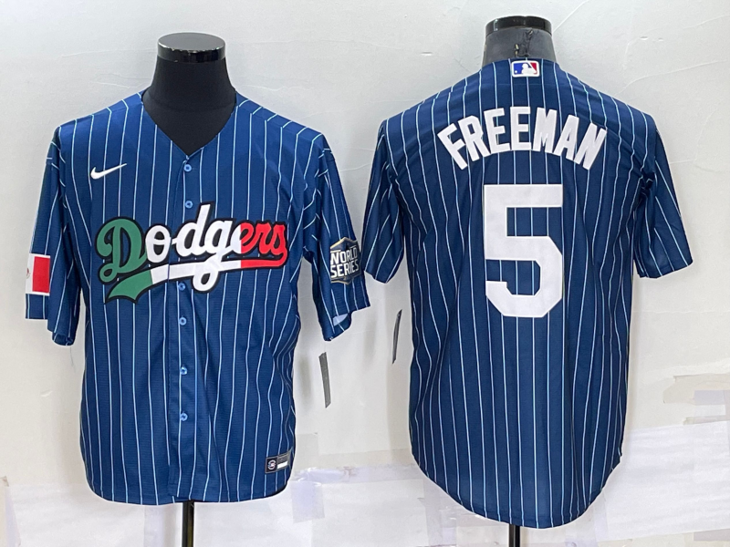 Men's Los Angeles Dodgers #5 Freddie Freeman Navy Blue Pinstripe 2020 World Series Cool Base Nike Jersey
