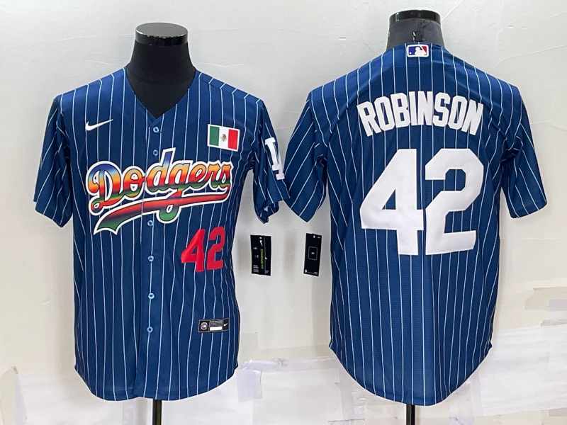 Mens Los Angeles Dodgers #42 Jackie Robinson Number Rainbow Blue Red Pinstripe Mexico Cool Base Nike Jersey