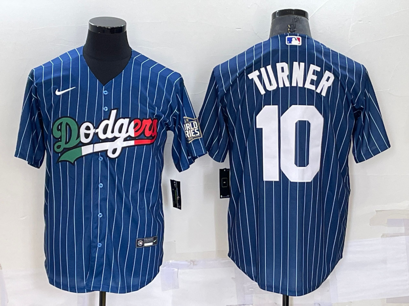 Men's Los Angeles Dodgers #10 Justin Turner Navy Blue Pinstripe 2020 World Series Cool Base Nike Jersey