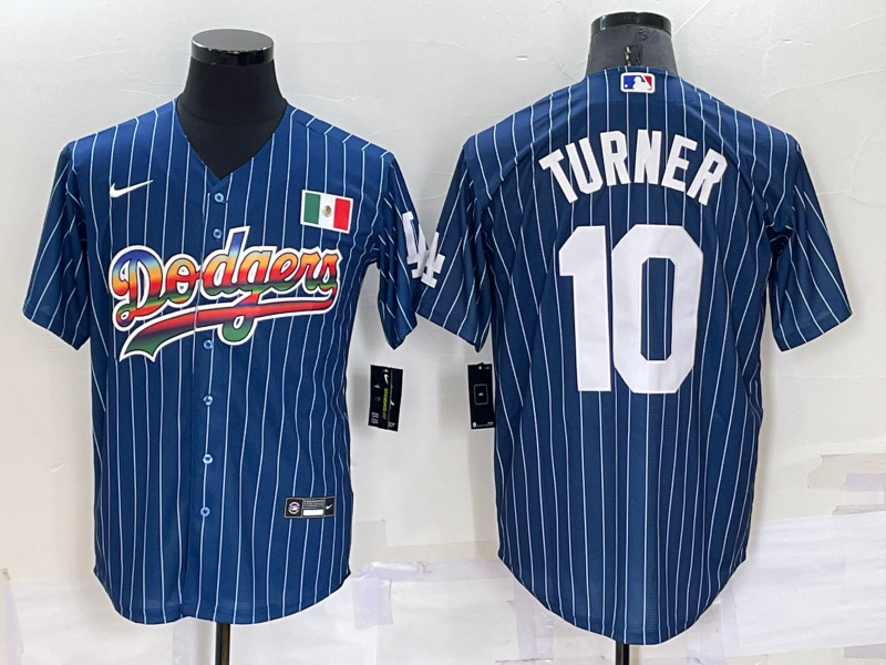Men's Los Angeles Dodgers #10 Justin Turner Rainbow Blue Red Pinstripe Mexico Cool Base Nike Jersey