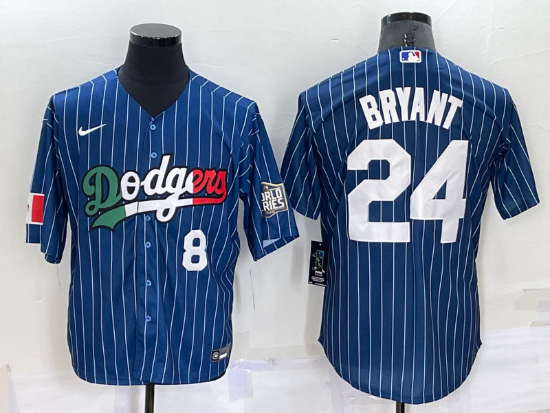 Mens Los Angeles Dodgers #8 #24 Kobe Bryant Number Navy Blue Pinstripe 2020 World Series Cool Base Nike Jersey