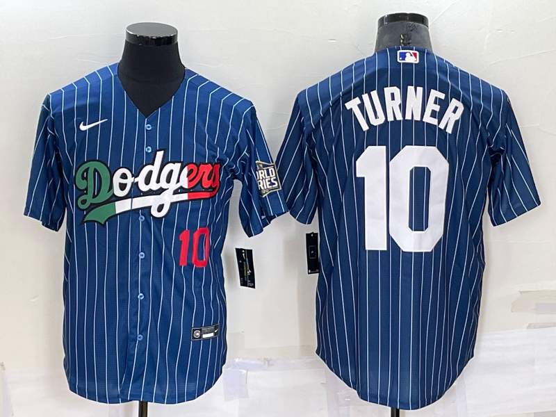 Men's Los Angeles Dodgers #10 Justin Turner Number Navy Blue Pinstripe 2020 World Series Cool Base Nike Jersey