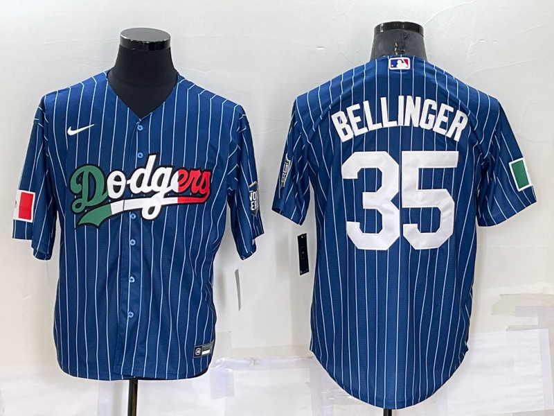 Men's Los Angeles Dodgers #35 Cody Bellinger Navy Blue Pinstripe Mexico 2020 World Series Cool Base Nike Jersey
