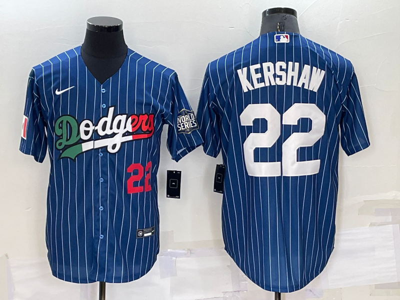 Men's Los Angeles Dodgers #22 Clayton Kershaw Number Navy Blue Pinstripe 2020 World Series Cool Base Nike Jersey
