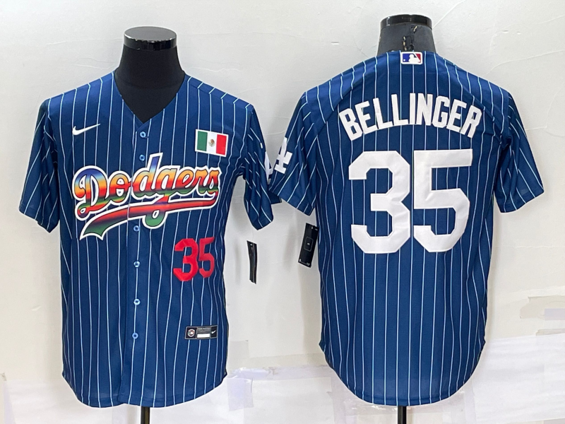 Men's Los Angeles Dodgers #35 Cody Bellinger Number Navy Blue Pinstripe Mexico 2020 World Series Cool Base Nike Jersey