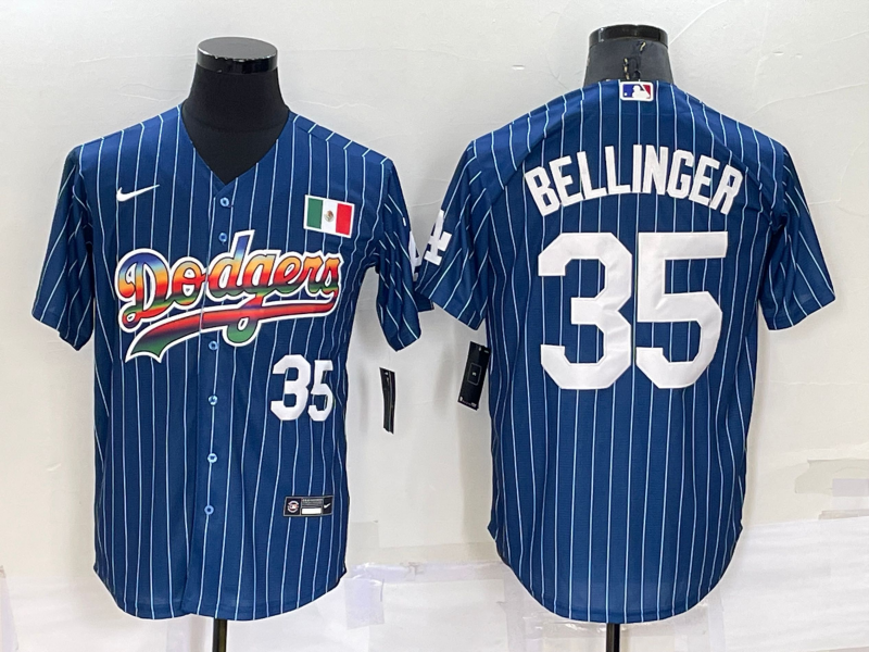 Mens Los Angeles Dodgers #35 Cody Bellinger Number Navy Blue Pinstripe Mexico 2020 World Series Cool Base Nike Jersey